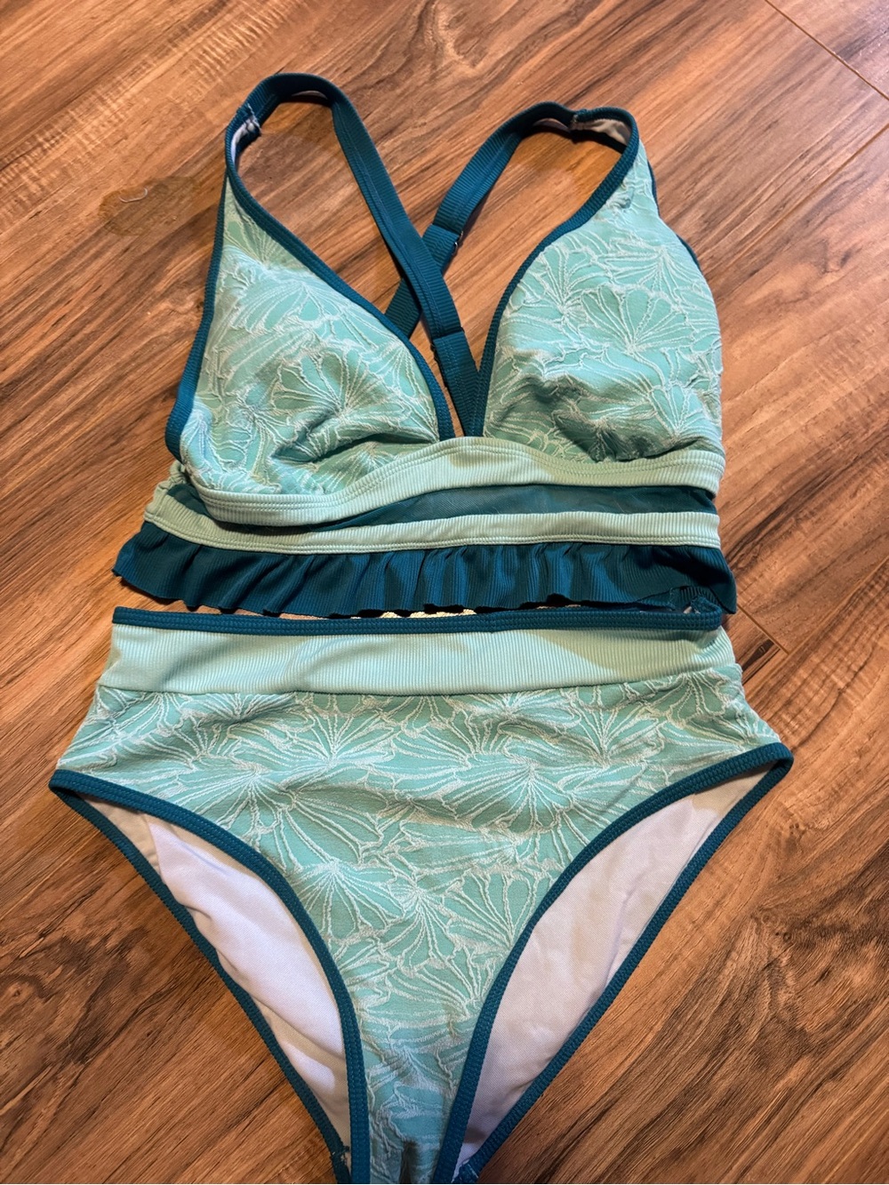 Teal Floral High-Waist Bikini Set - Women Swim